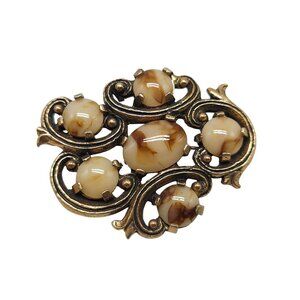 Vintage Miracle Agate Glass Celtic Brooch Pin Gold Tone Filigree